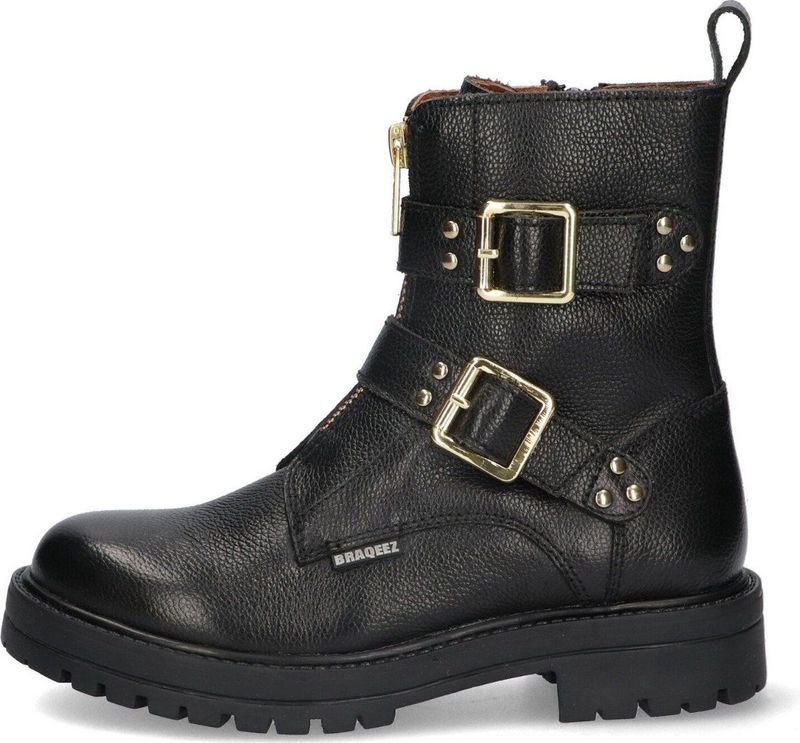Braqeez 423559-589 Meisjes Biker Boots - Zwart - Leer - Gesp Met Rits