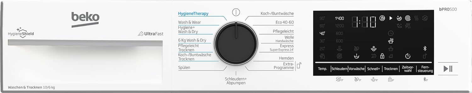 Beko B3DFT510447W bPRO 500 freistehender Waschtrockner, 10 kg Waschen, 6 kg Trocknen, allergikergeeignet, Touch-Display mit Startzeitvorwahl 0-24 h, Bluetooth, Dampffunktion, Nachlegefunktion, Weiß