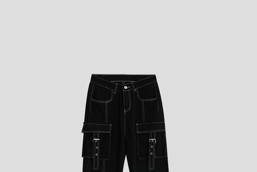 INStudio - Cargojeans met hoge taille en contrasterende bies, losse pasvorm en rechte pijpen