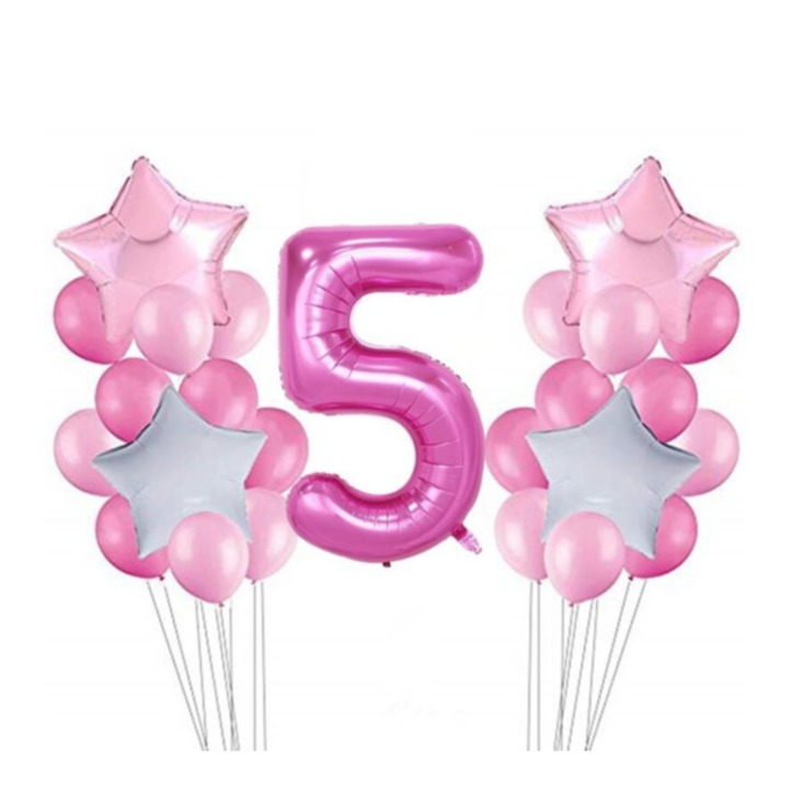 (26-tlg. Set) Party Zahlen Ballon Geburtstag Luftballons Latex- und Folienballon Zahl 5 - Rosa / Pink