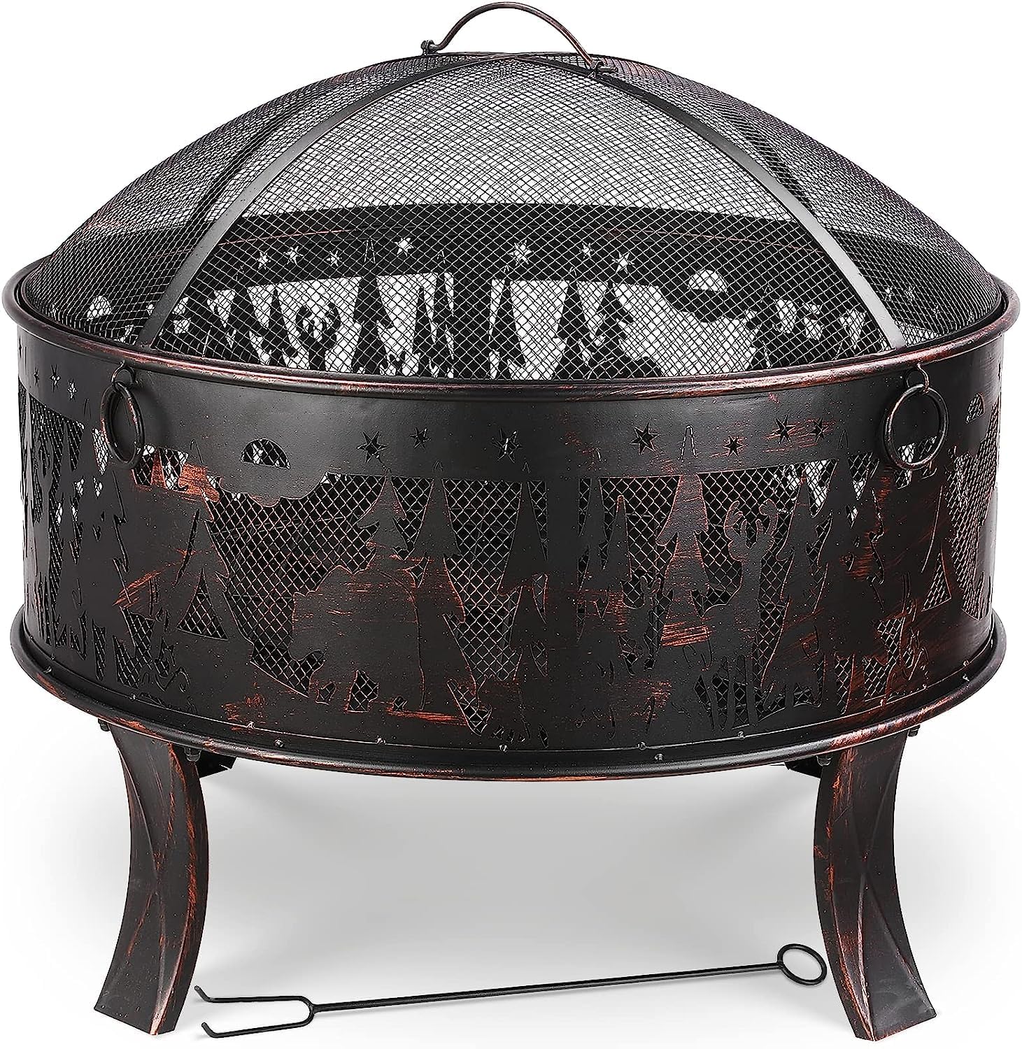 TLGREEN Feuerschalen, Feuerschale mit Funkenschutz, Feuerschale Garten Ø71x65cm, inkl. Poker & Kohlerost & 4 PCS Füße, Feuerkorb Retro-Look, Feuerstelle für Garten Camping Strand-Exquisites Elchmuster