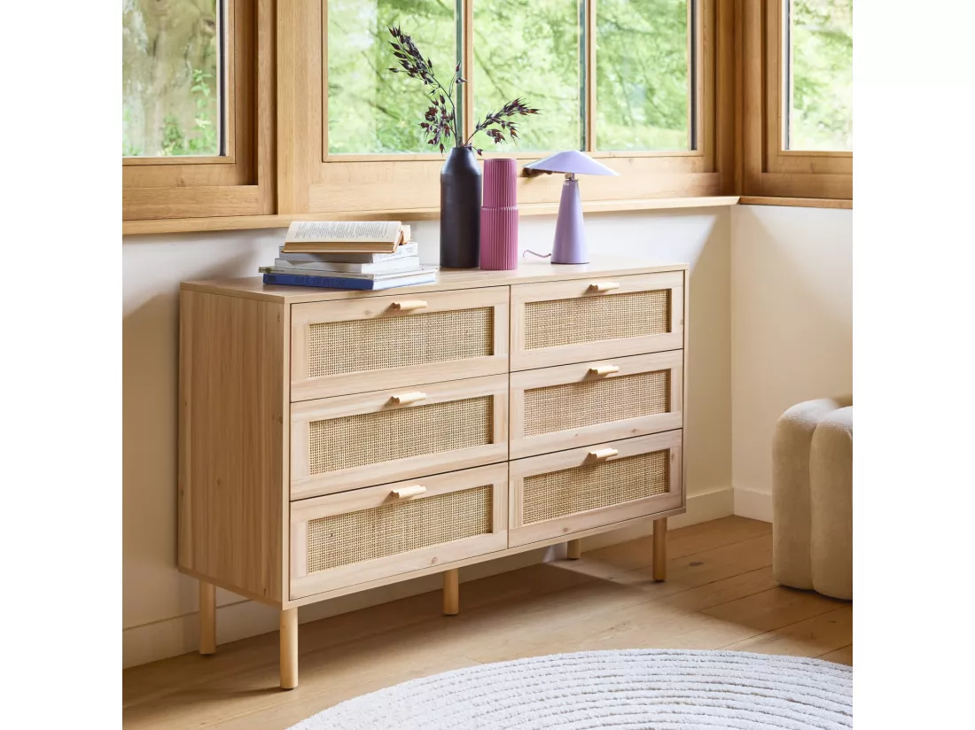 Commode 6 tiroirs cannage et effet bois CAMARGUE L 120 x P 40 x H 80cm