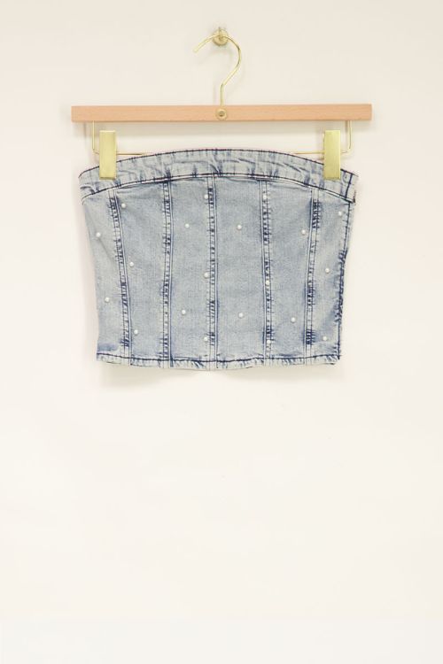 Denim corset top met parels