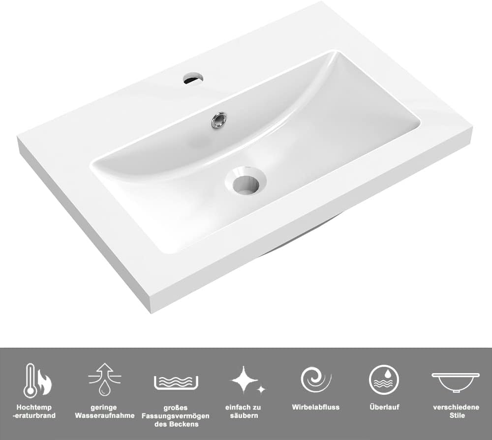 Waschbecken mit unterschrank Badezimmer 60 cm Breit Badmöbel Set mit Waschbecken und 2 Soft-Close Schubladen Waschtisch Unterschrank Eiche für Badezimmer Hängend