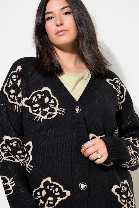 Strickjacke, oversized, Leo-Köpfe