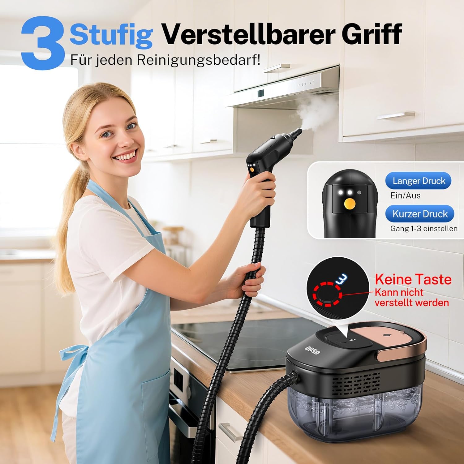 ODSD Dampfreiniger für Haushalt und Auto, 3-stufig einstellbarer Dampfreiniger, 15 Sekunden Aufheizzeit und 1,6 l großer Tank, Handdampfreiniger für Autos, Haushalt, Küche, Fenstern,Boden
