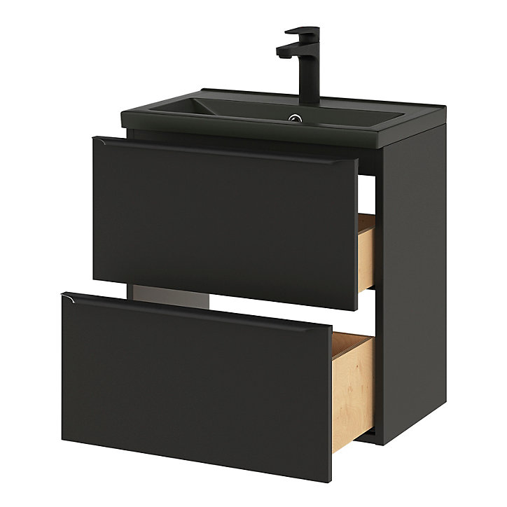 Ensemble salle de bains l.60 cm meuble à suspendre faible profondeur Imandra noir mat + plan vasque céramique noir