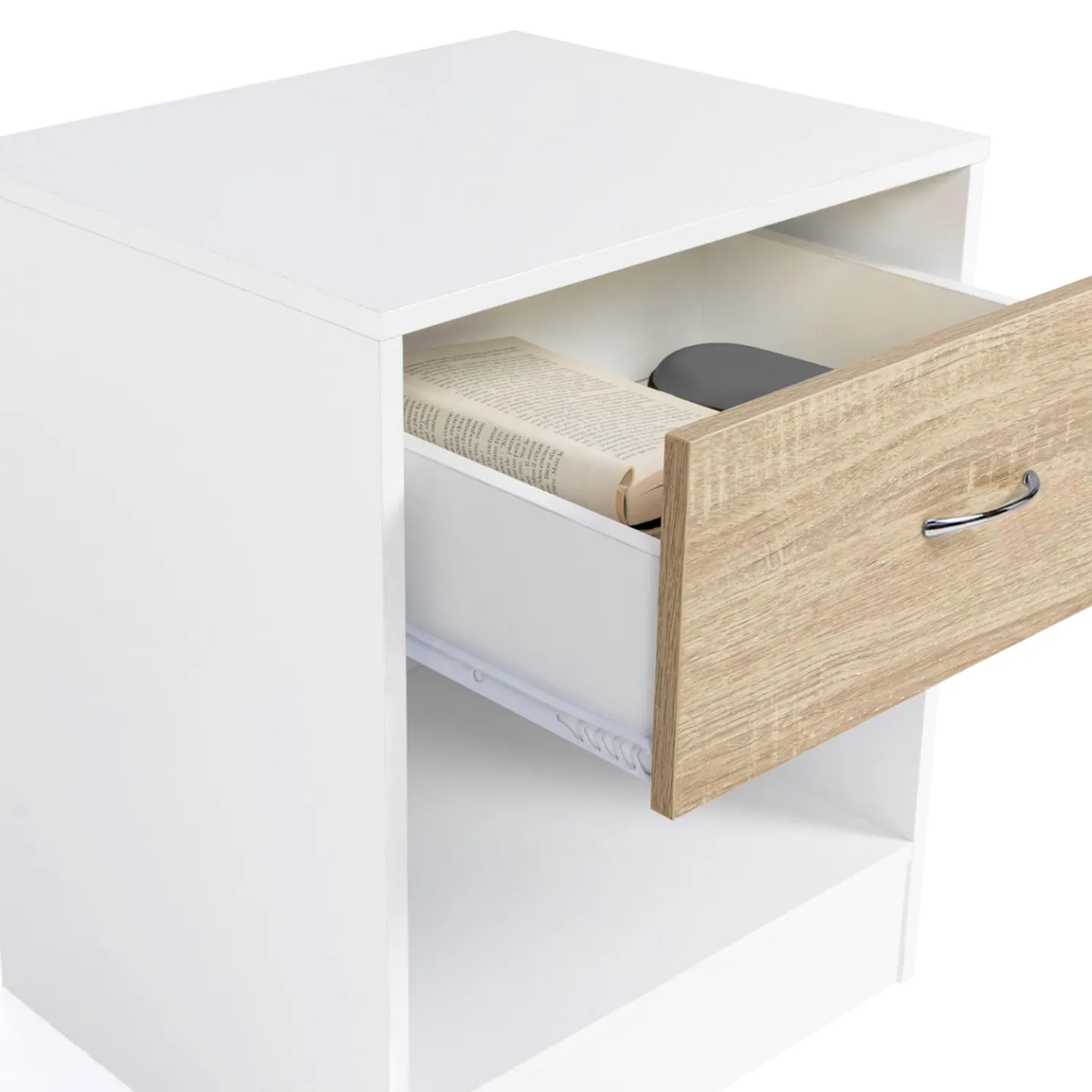 Lot de 2 tables de chevet OLGA 1 tiroir avec niche bois blanc et façon hêtre