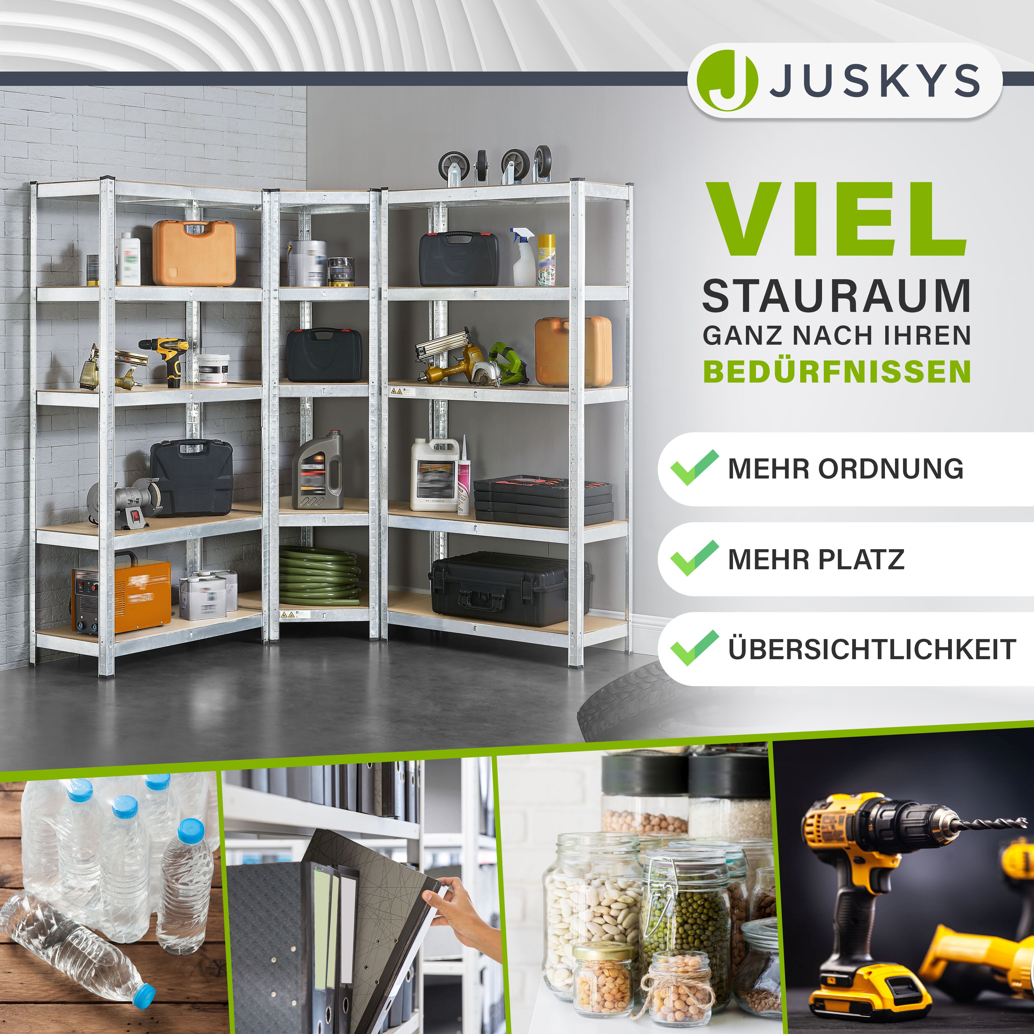 Juskys 3er Metall Regalsystem | 1 Eckregal & 2 Lagerregale | 15 Böden aus MDF Holz | 2625 kg