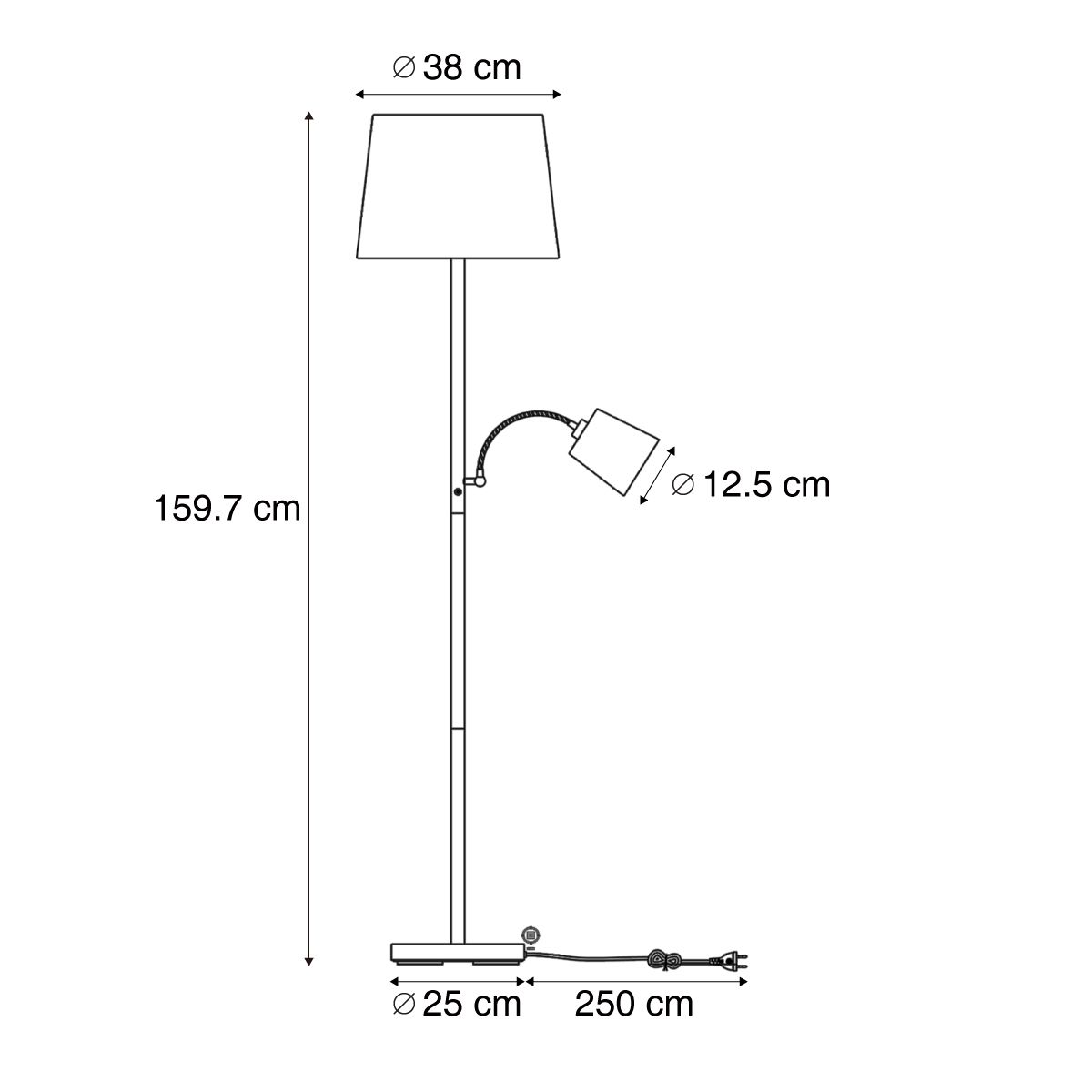 Klassieke vloerlamp zwart met zwarte kap en leeslampje - Retro