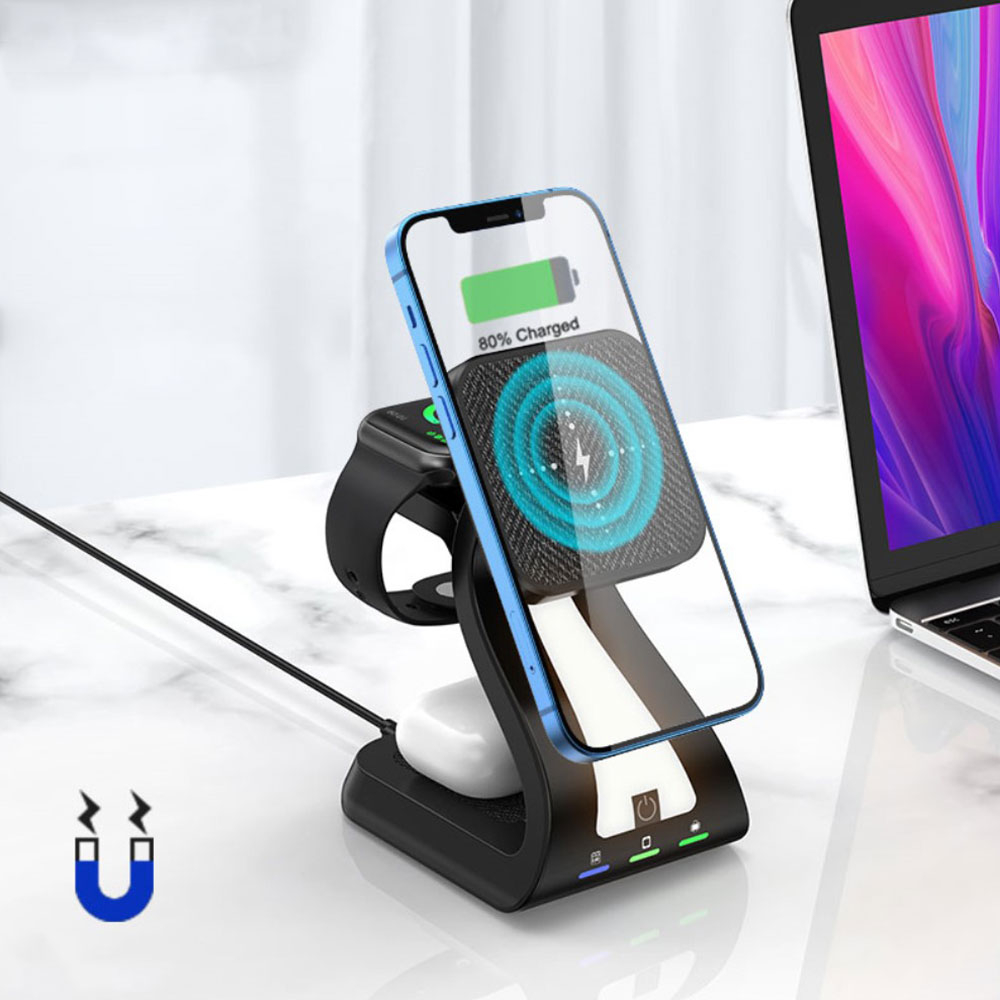 (15W) 3in1 MagSafe Qi Wireless Charger Ladegerät für Apple iPhone (Mini/Pro/Max) / Apple Airpods / Apple Watch - Weiss