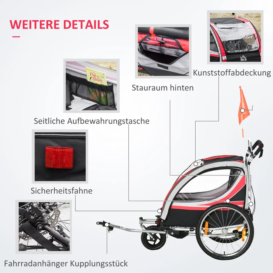 HOMCOM Kinderfahrradanhänger mit Aufbewahrungstasche rot, schwarz