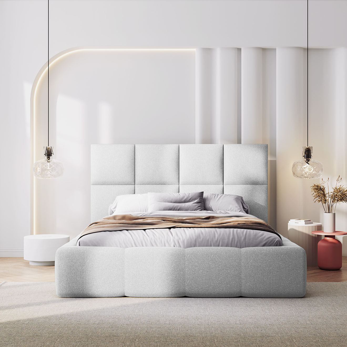 Maison Héritage Lit avec coffre de rangement Isa gris clair froid - 230x185x125 cm