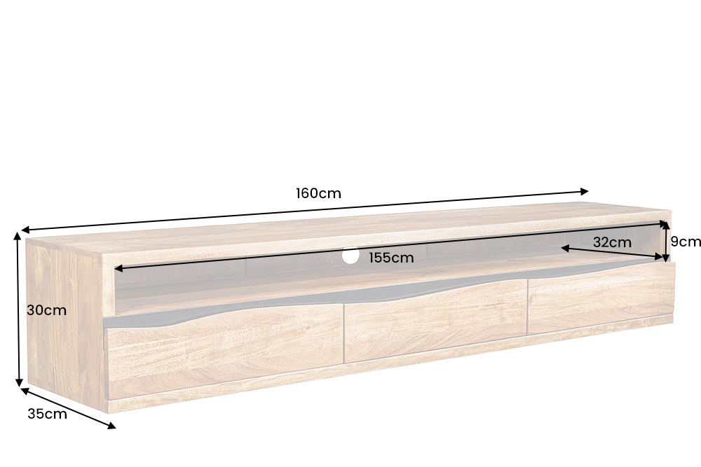 Hängendes TV-Lowboard MAMMUT 160cm braun Akazie honey finish Massivholz Baumkante