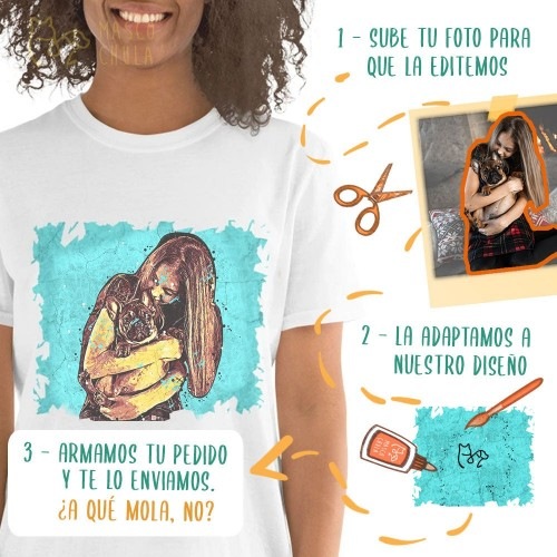 Camiseta feminina personalizada Mascochula com grafite apresentando seu animal de estimação, branca