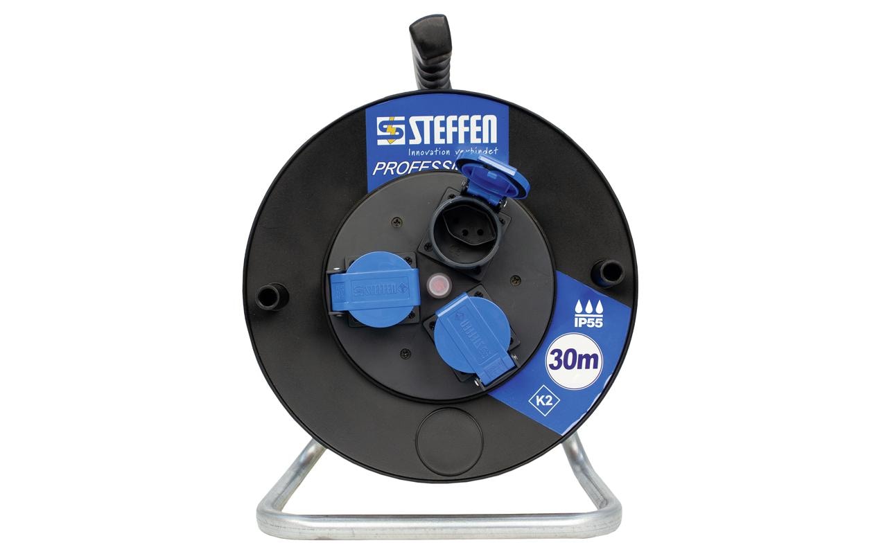 Kabelrolle Professional 30 m 3x T13, IP55, Schwarz<br>Kunststoff Kabelrolle 3x T13 mit Deckel, IP55, EPR-PUR 3x 1.5 mm2 und 30 m langem Kabel