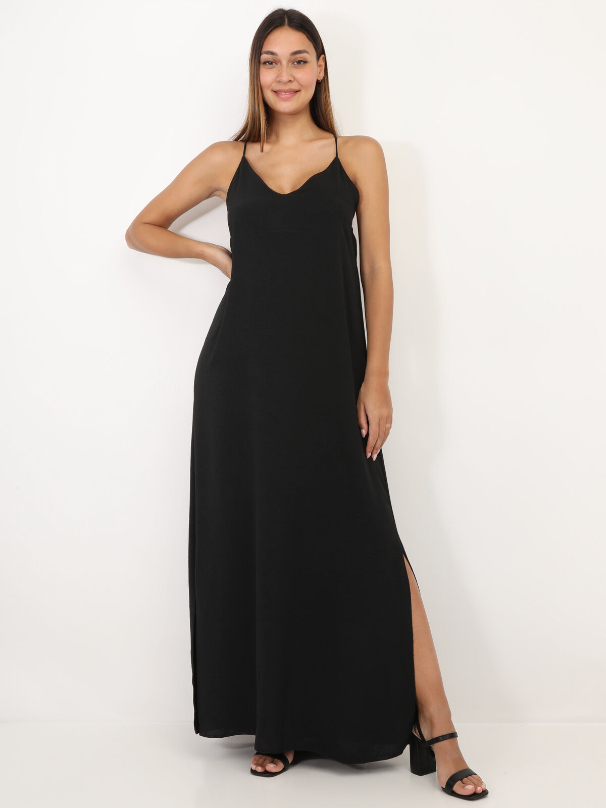 Robe longue fendue à dos croisé- Noir