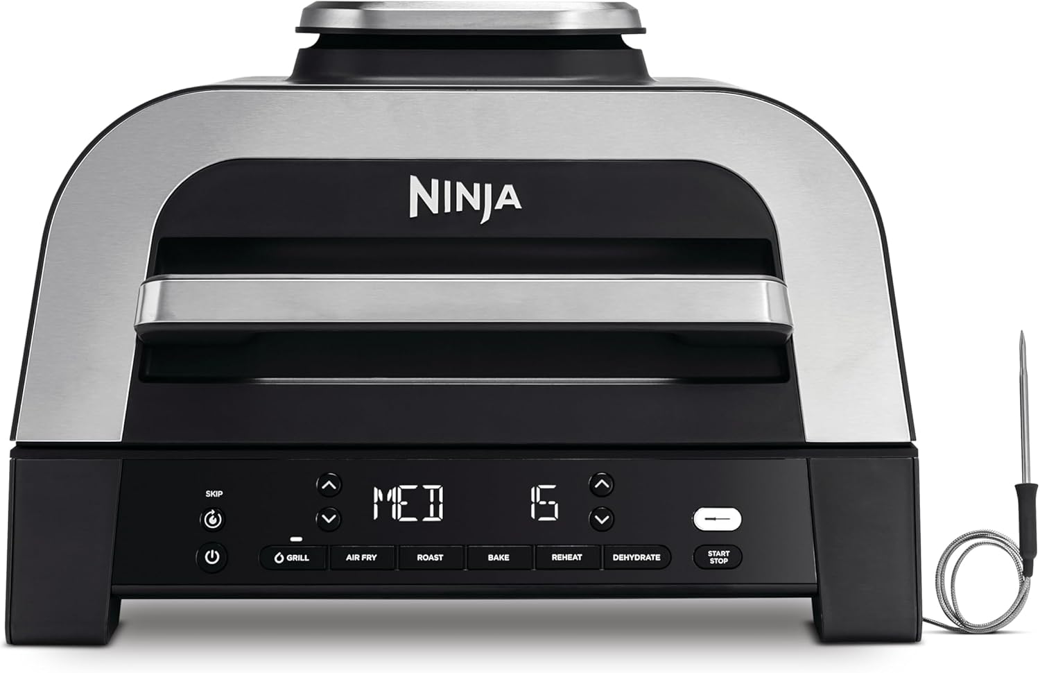 Ninja MAX 6-in-1-Grill & -Heißluftfritteuse für den Innenraum, 6 Kochfunktionen, für bis zu 6 Burger, 3,8-l-Fassungsvermögen, kaum Rauch, enthält digitales Bratthermometer, Grau/Silber, DG551EU