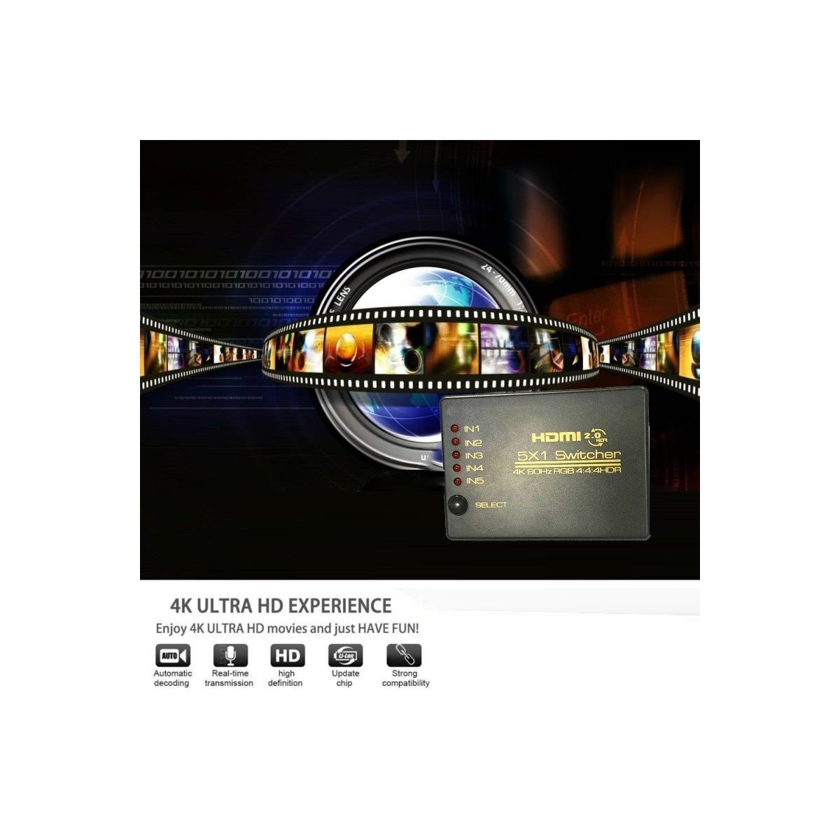 HDMI-bryter 5x1 - 4K / 3D med fjernkontroll