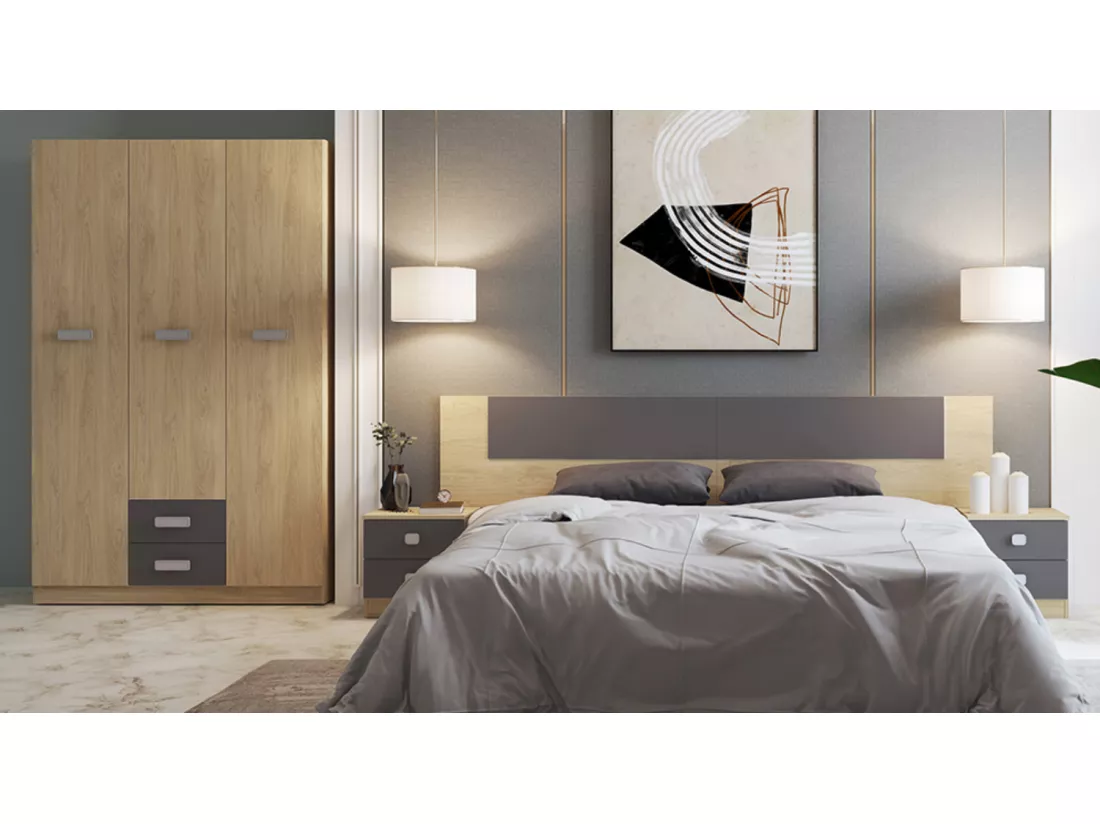 Ensemble chambre à coucher, tête de lit + table de chevet + armoire + chiffonnier coloris puccini, graphite