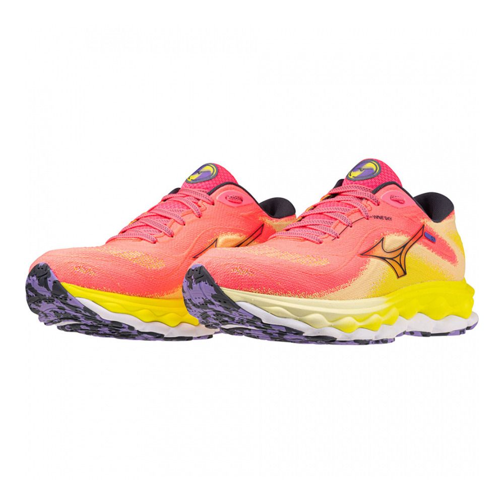 Mizuno WAVE SKY 7 - Chaussures running Femme high-vis pink/ombreblue/boltneon