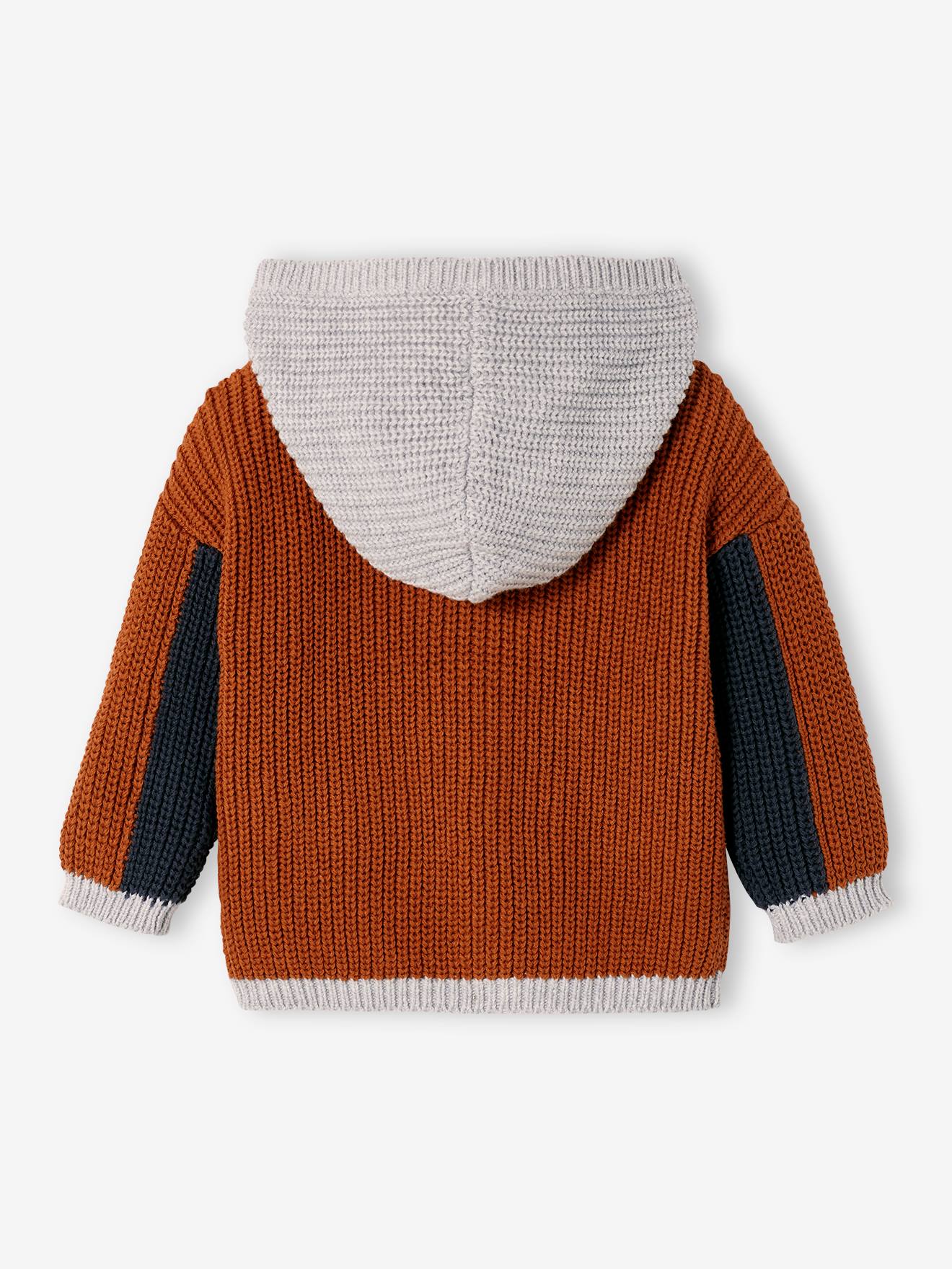 Casaquinho de tricô para bebê com capuz, vermelho escuro liso com estampas.