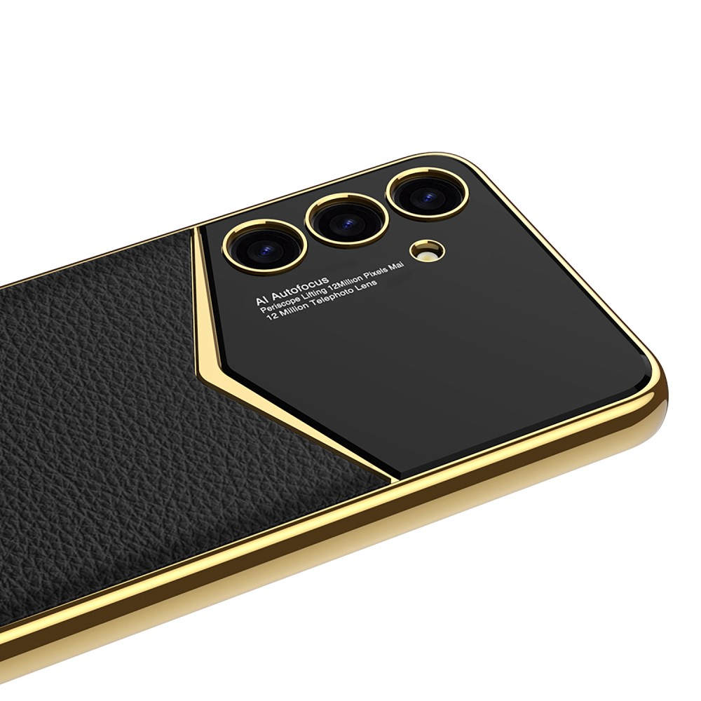 Samsung Galaxy S24 Leder Hardcase Hülle mit Galvanisiertem Rahmen   Kameraschutz - Gold / Lila