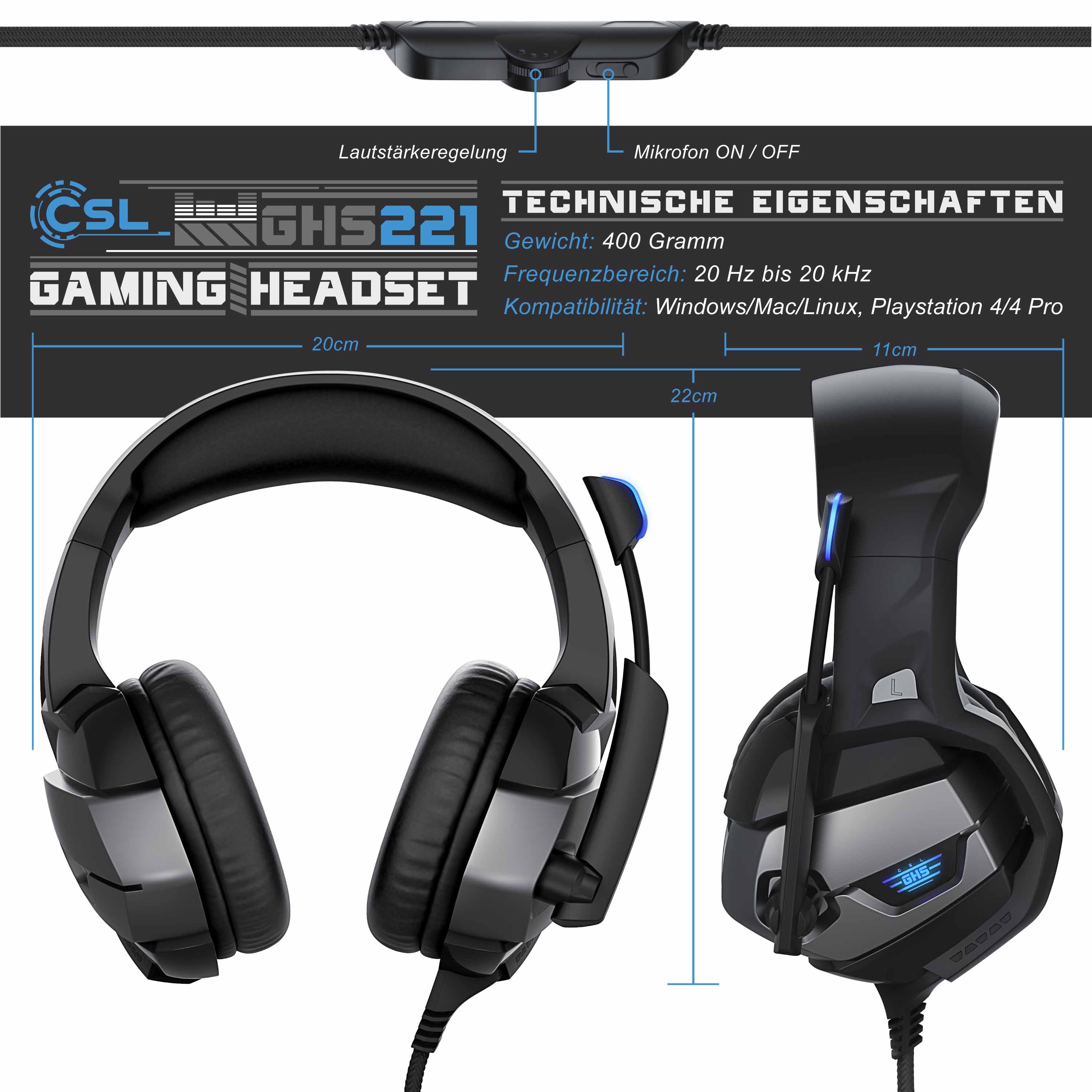 CSL Gaming Headset GHS-221 Mikrofon AUX geeignet für PC/ PS4/ PS4 Pro