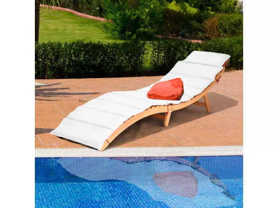 Chaise Longue Pliante en Bois Massif, Bain de Soleil avec Coussin Rembourré à Double Face et Appui-Tête Pliable, Chaise d'Extérieur à Lattes pour Jardin, Pelouse, Piscine, Charge 180 KG