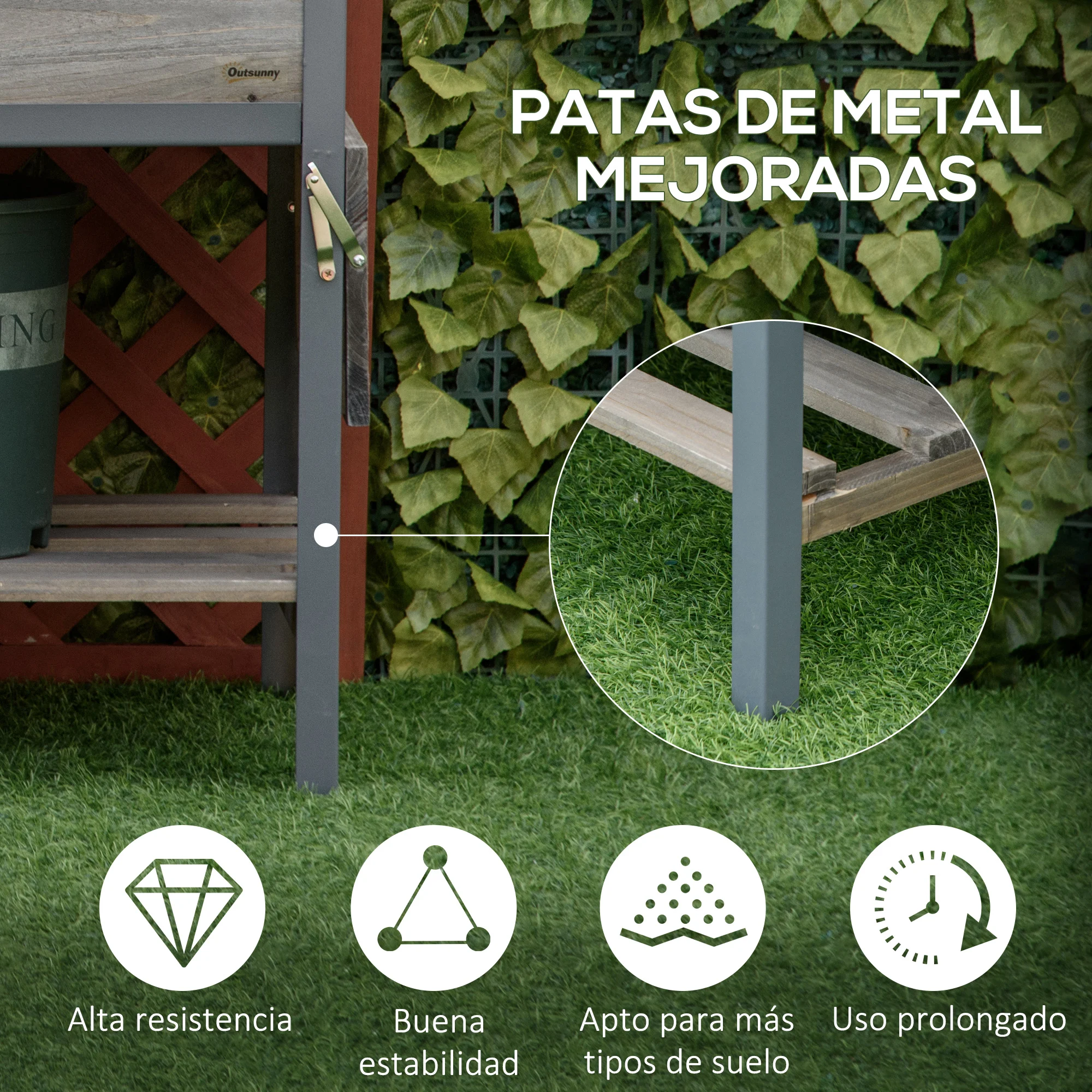 Canteiro elevado de madeira Outsunny para jardim urbano, 140x46x75,5 cm, com 2 prateleiras laterais, prateleira inferior e 2 orifícios de drenagem para plantas e flores, cinza.