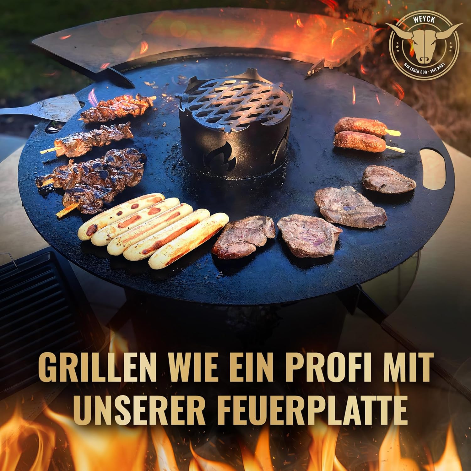 Feuerplatte für Feuertonne Kugelgrill Handgriffe 80 cm, 8 mm Stärke #98 – INKL. Grilleinsatz, Grillplatte für Feuertonne & Feuerschale, Massive Stahlplatte Plancha Grillring für BBQ & Teppanyaki