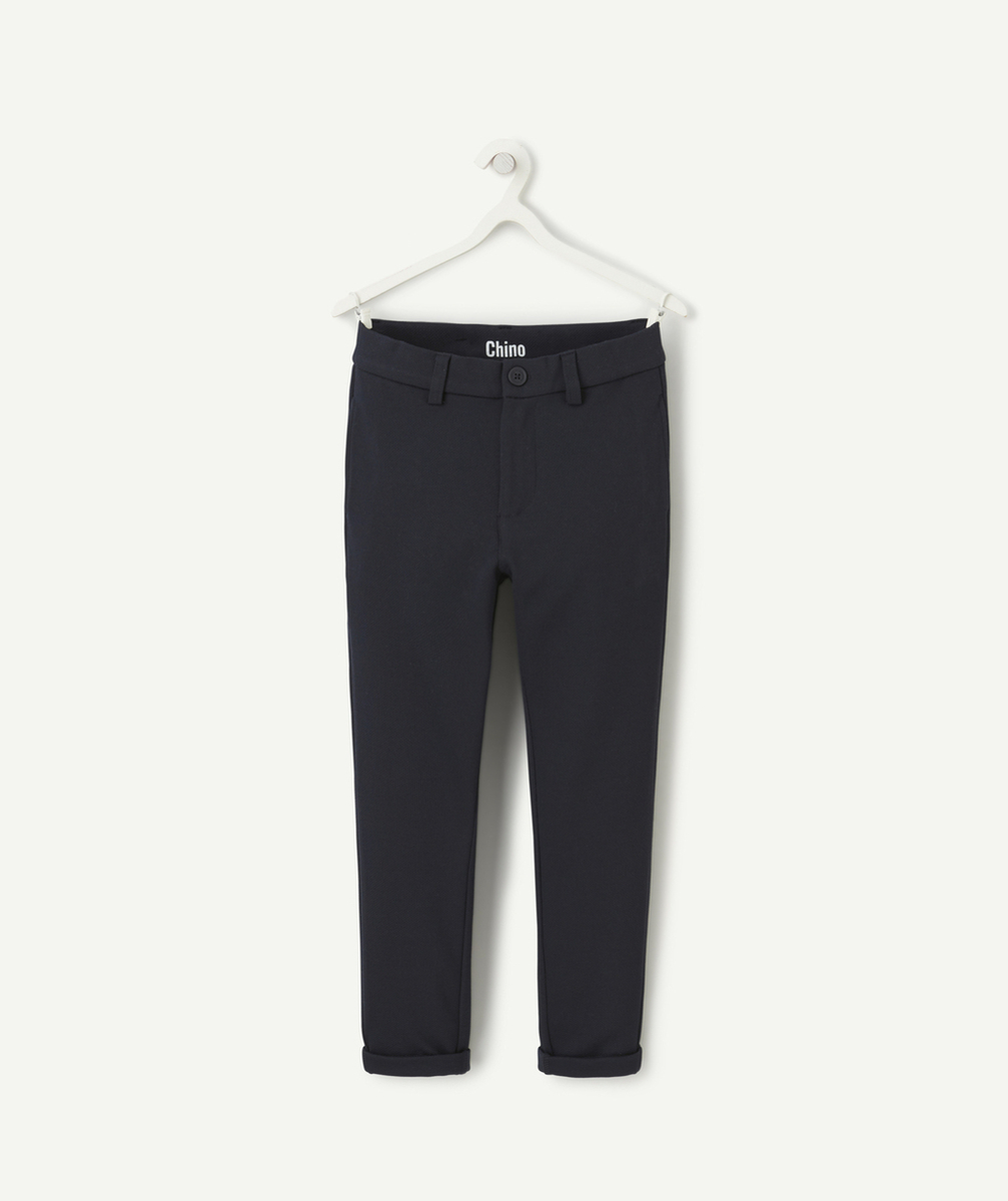 PANTALON CHINO GARÇON EN FIBRES RECYCLÉES BLEU MARINE EN MAILLE PIQUÉE