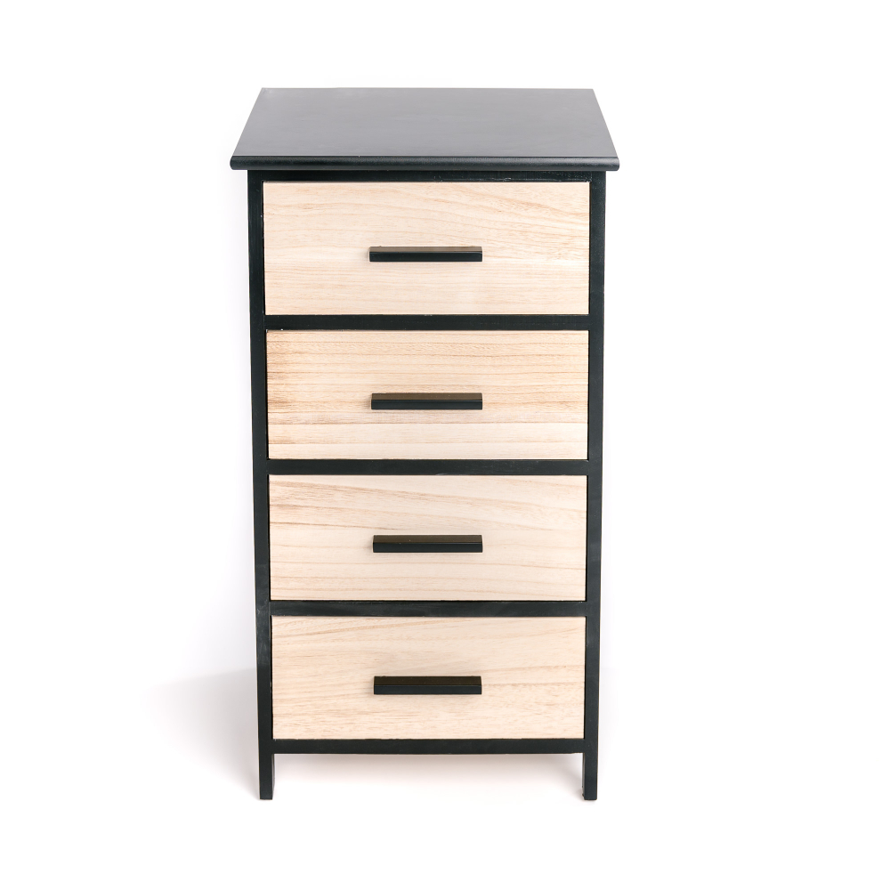 Meuble de rangement, table de nuit chevet, chiffonnier bois noir et beige 4 tiroirs scandinave 40x29x73cm- meuble de chambre