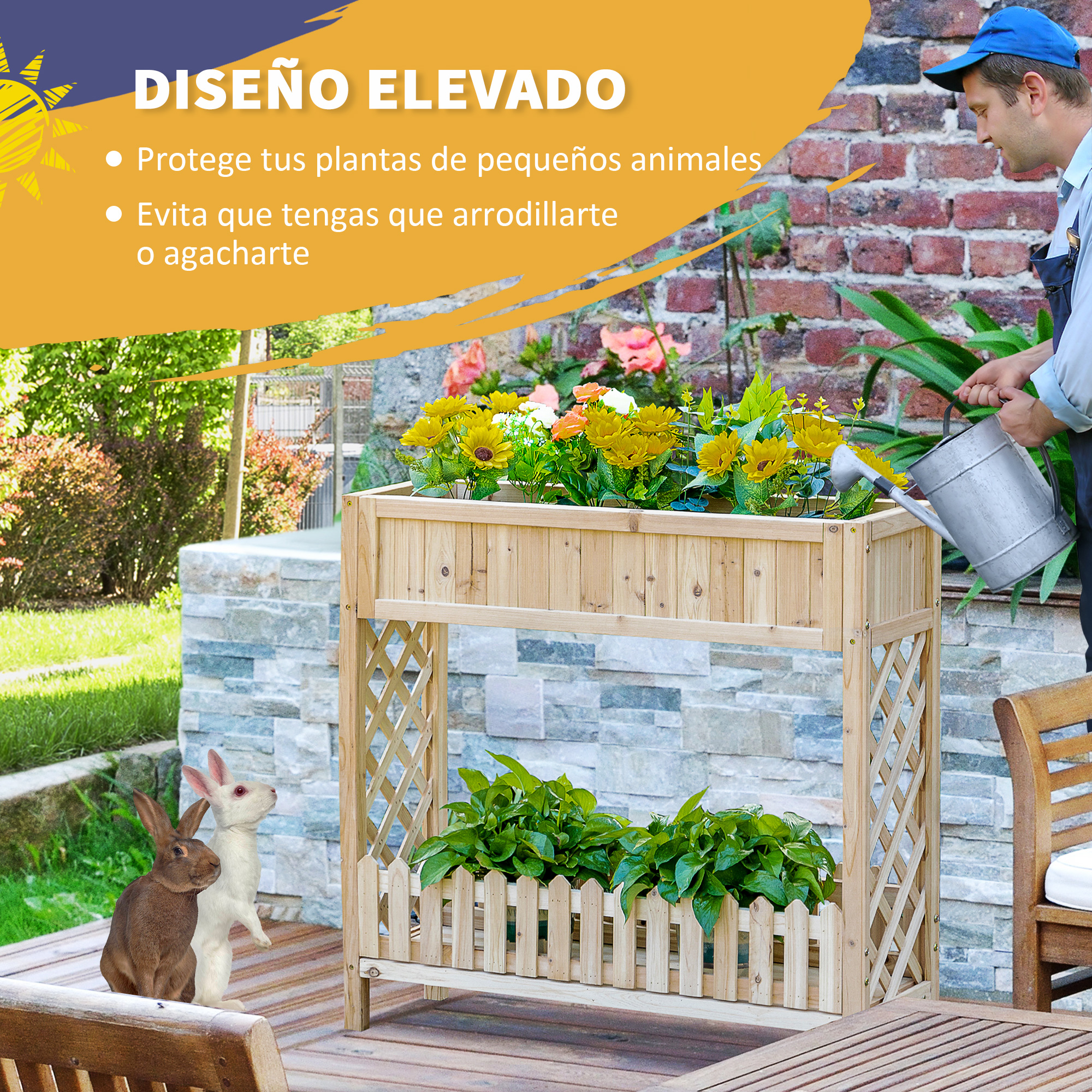 Canteiro elevado de madeira Outsunny para jardim urbano, 90x30x90 cm, com prateleira inferior, cerca viva decorativa e 4 orifícios de drenagem para plantas, vasos e flores (cor natural).