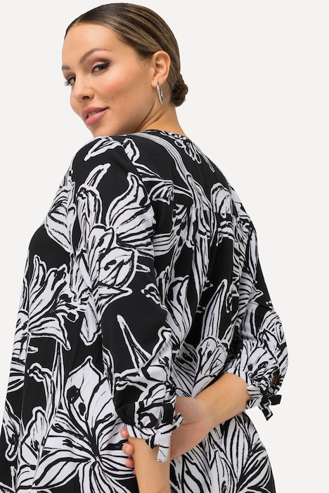 Tunika, Blüten, A-Linie, Tunika-Ausschnitt, 3/4-Arm