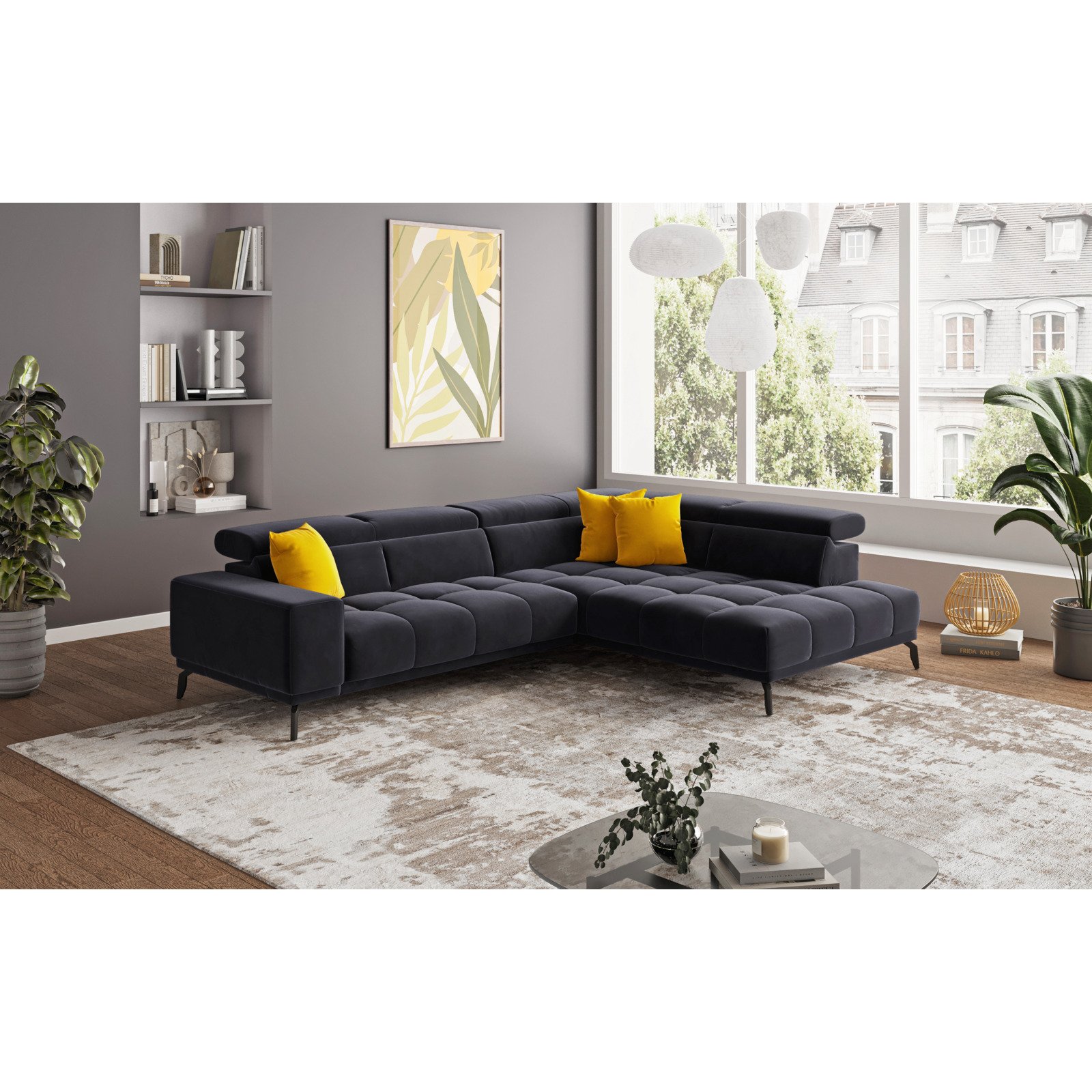 Ecksofa Jamba Stoff schwarz, Ottomane rechts