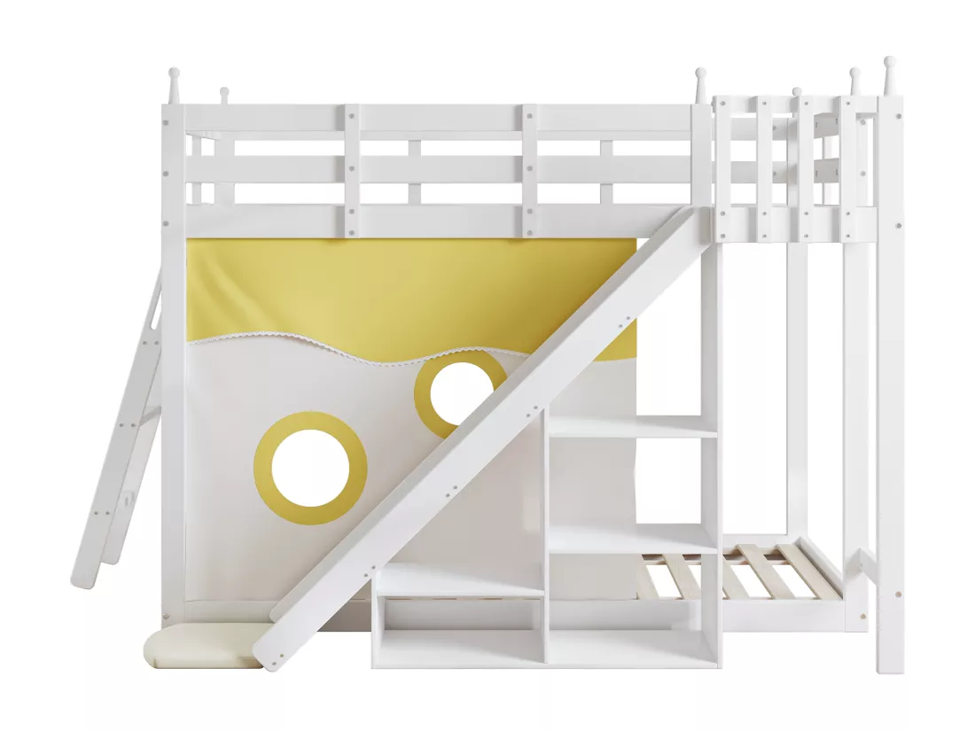 Lits superposés 2 x 90 x 200 cm avec étagères de rangement, toboggan & rideau de lit - pin + MDF - blanc (sans matelas)