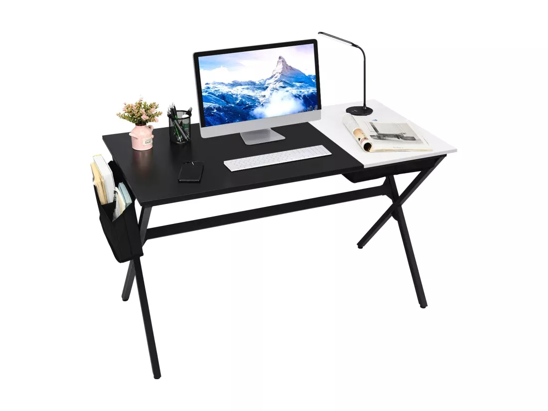 Bureau avec Plateau Blanc Rabattable 120 x 60 cm, Table d'Ordinateur avec Espace de Rangement Caché, Sac de Rangement Latéral, Postes de Travail pour Bureau, Chambre, Salon, Noir + Blanc