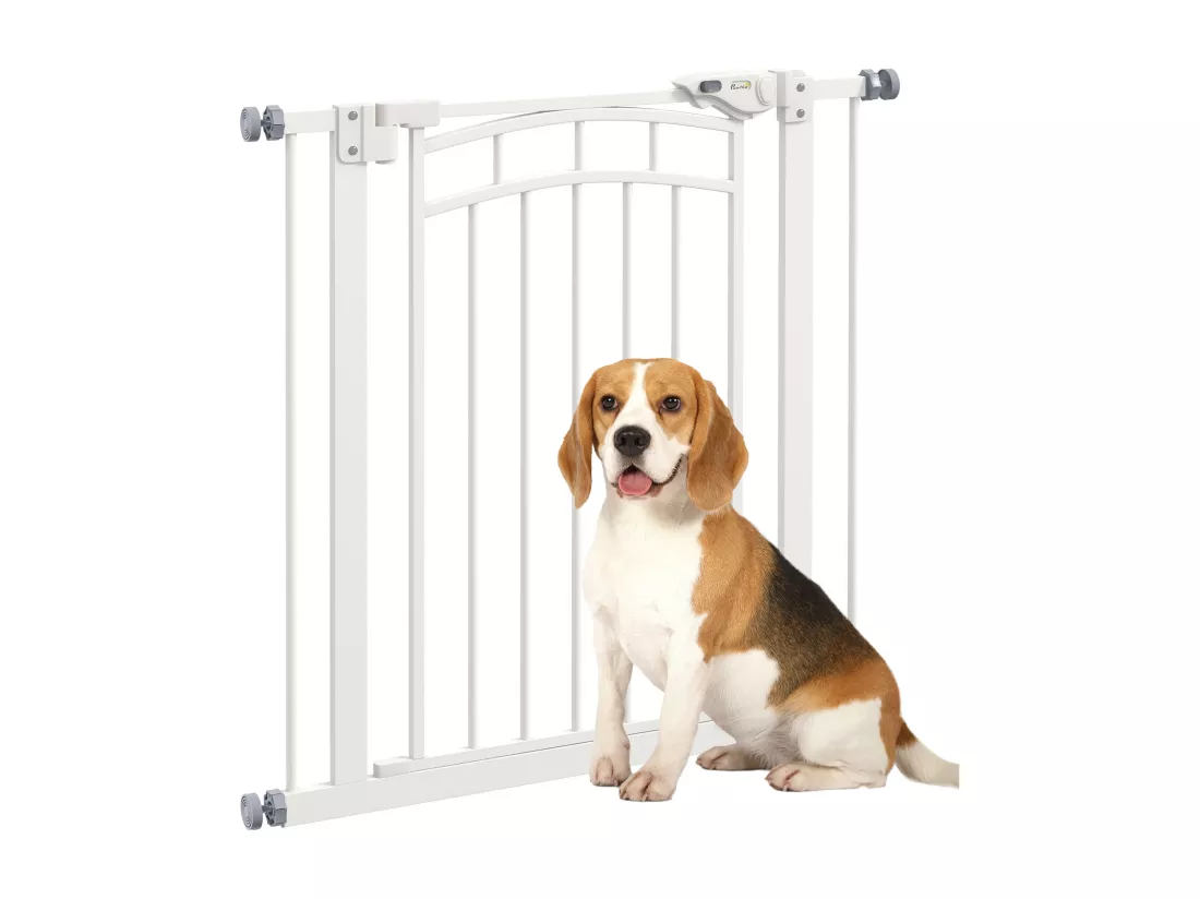 Barrière de sécurité pour chien - barrière à pression extensible - double système de verrouillage - acier blanc