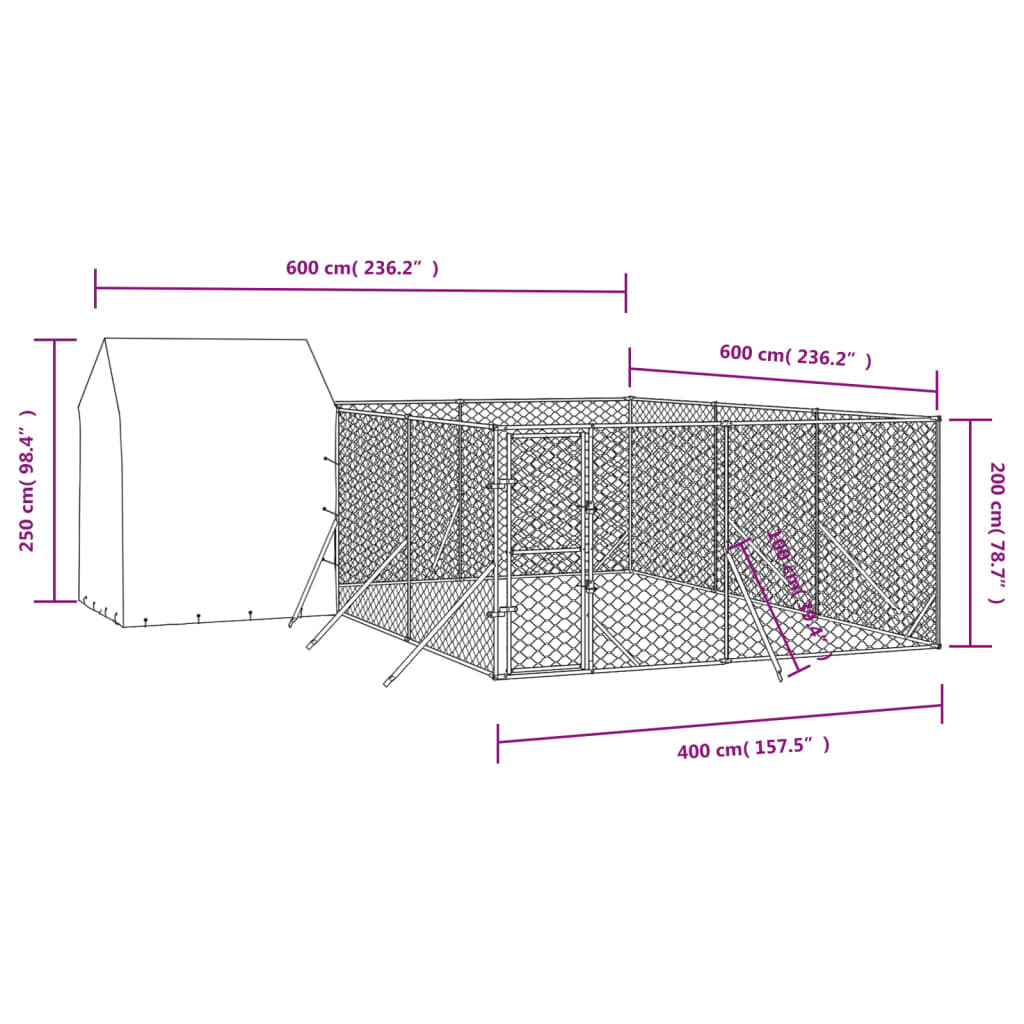 Canil externo para cães vidaXL com telhado, aço galvanizado, prata, 4x4x2,5 m