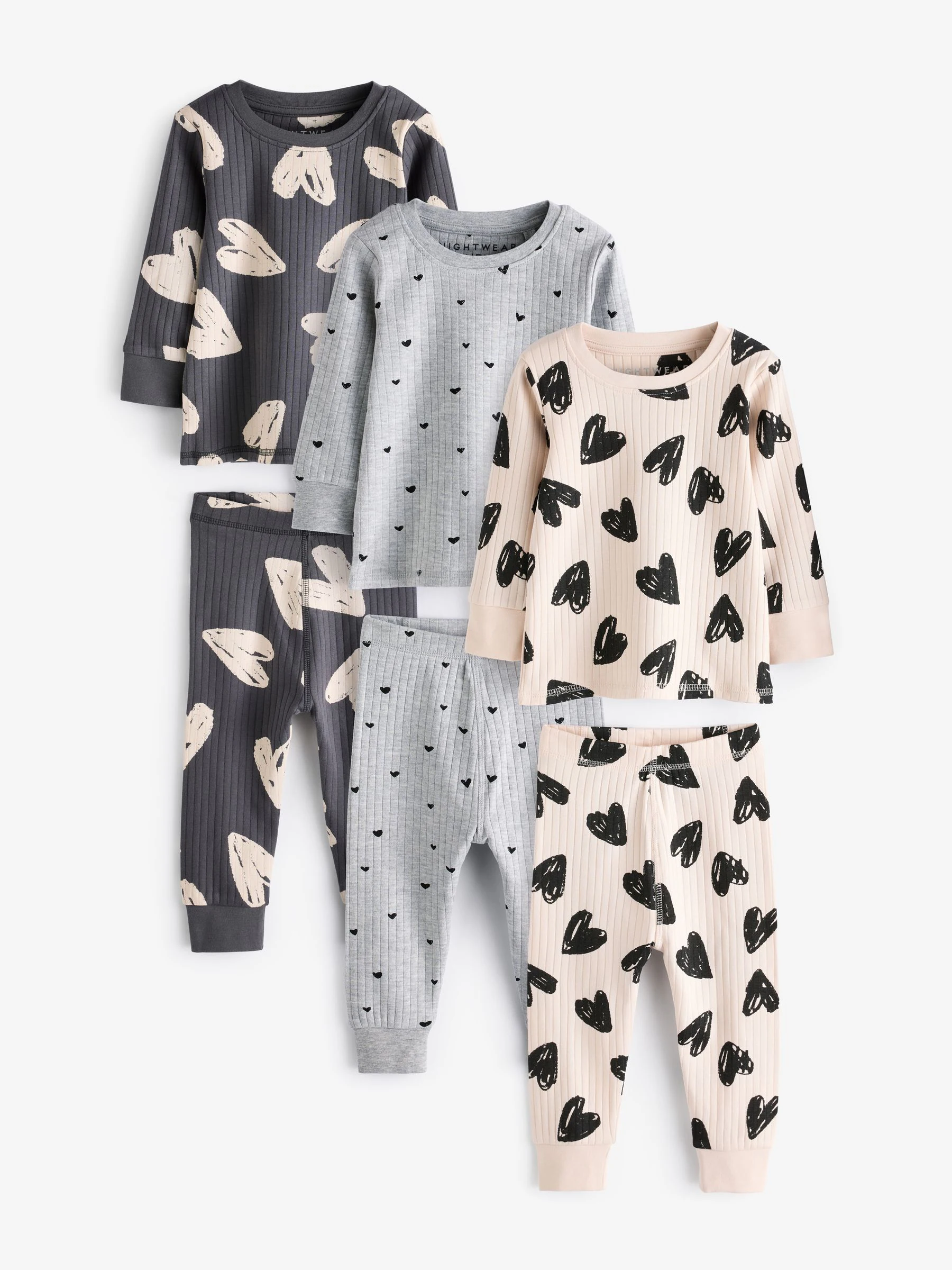 Antracietgrijs/grijs/crème hartmotief - Verpakking van 3 knusse pyjama's (9 mnd-16 jr)