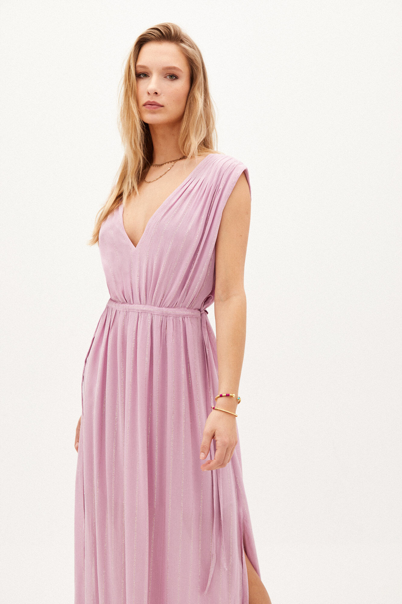 Leandra. Vestido midi com lurex - Rosa