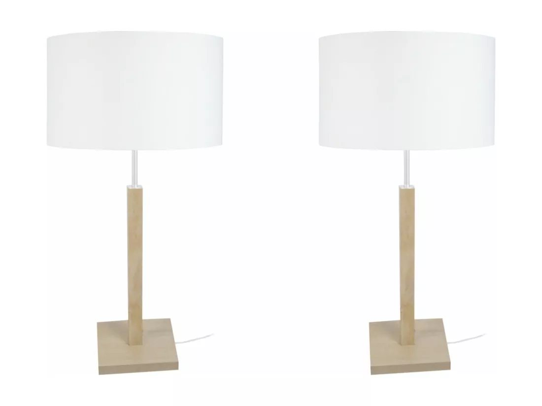 Pair de Lampes a poser colonne bois naturel,blanc 54 cm.