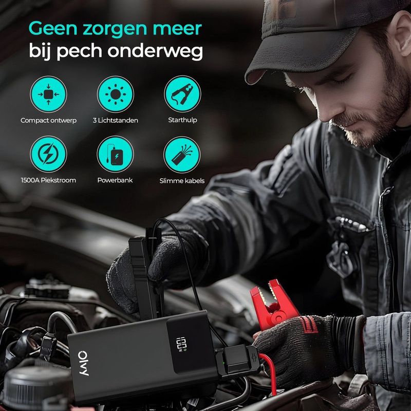 Olvy 12V Jumpstarter - 1500A - Starthulp met Powerbank en LED Zaklamp - Acculaders