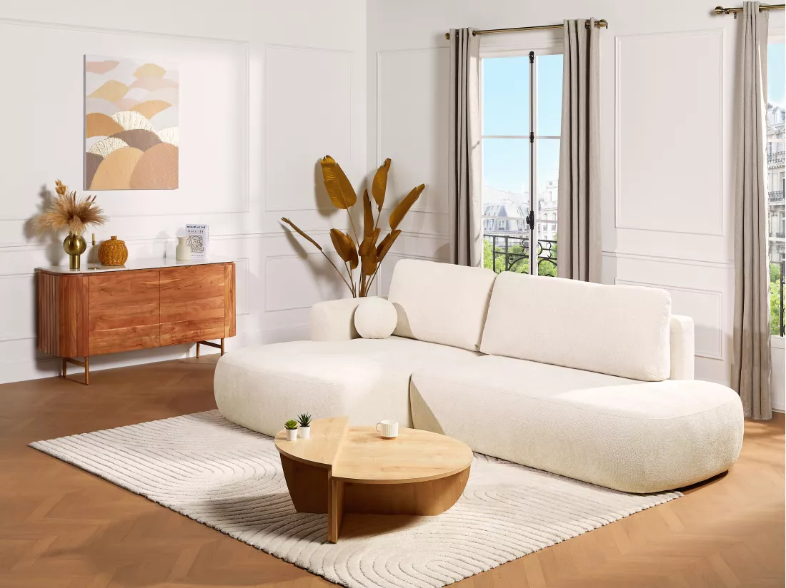 Canapé d'angle gauche convertible en tissu texturé beige BROCARO de Maison Céphy