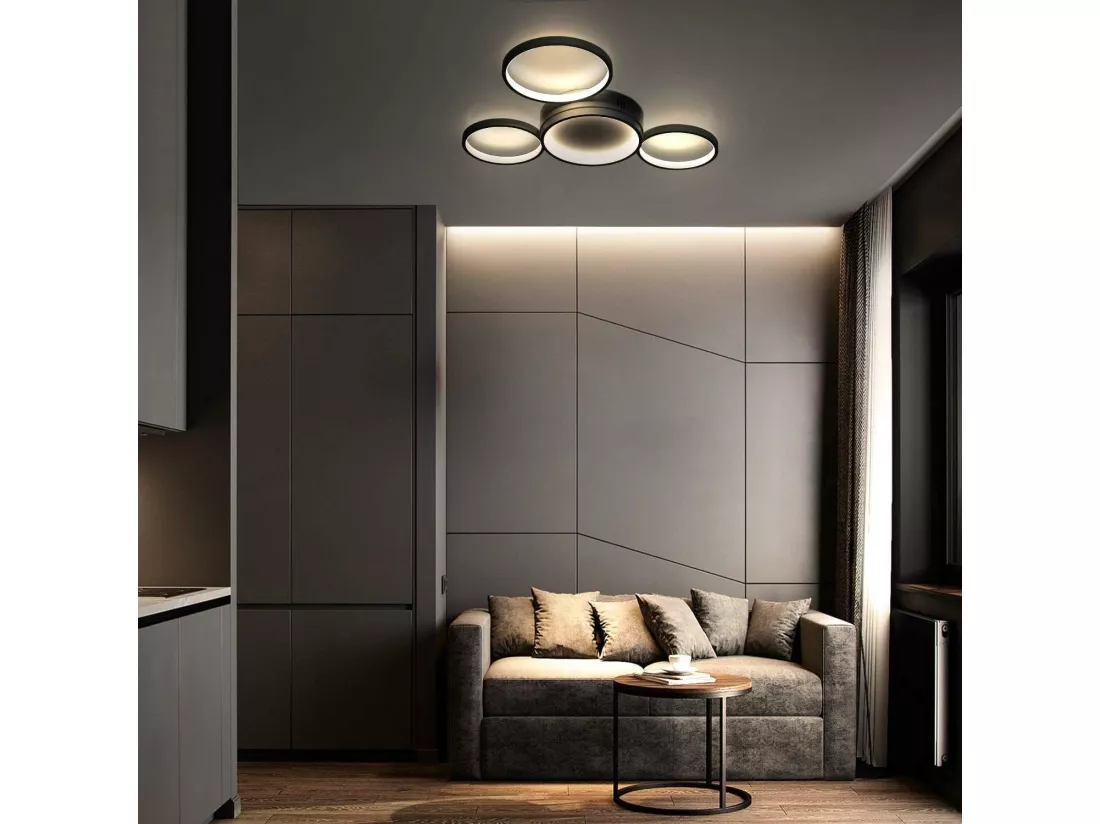 NETTLIFE Plafonnier LED noir dimmable avec télécommande design moderne 4 anneaux 52W intérieur en aluminium pour salon salle à manger chambre d'enfant