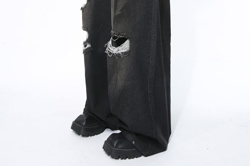 FAERIS - Mid Rise Washed Distressed Wide Leg Jeans