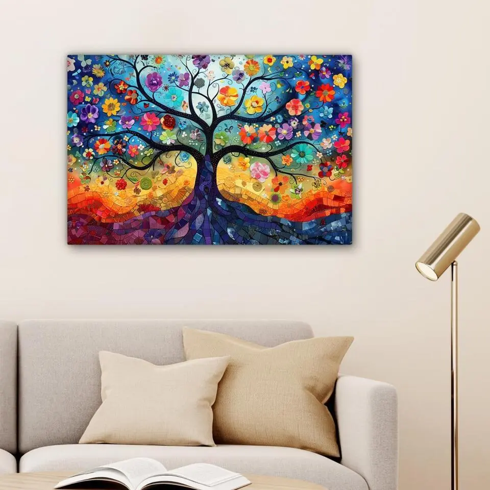 MuchoWow Canvas Schilderij 90x60cm Kunst Levensboom Bloemen
