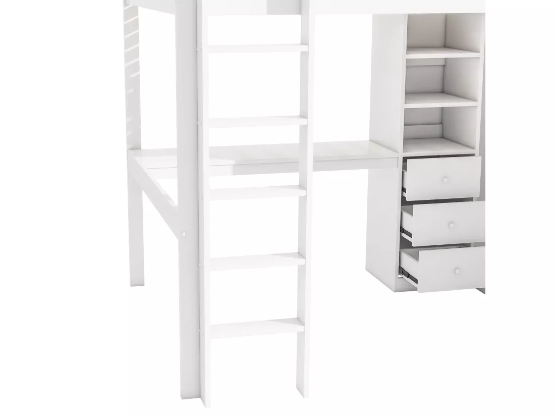 Lit mezzanine 140 x 200 cm avec bureau, armoire et 3 tiroirs - Pin + MDF - Blanc (sans matelas)