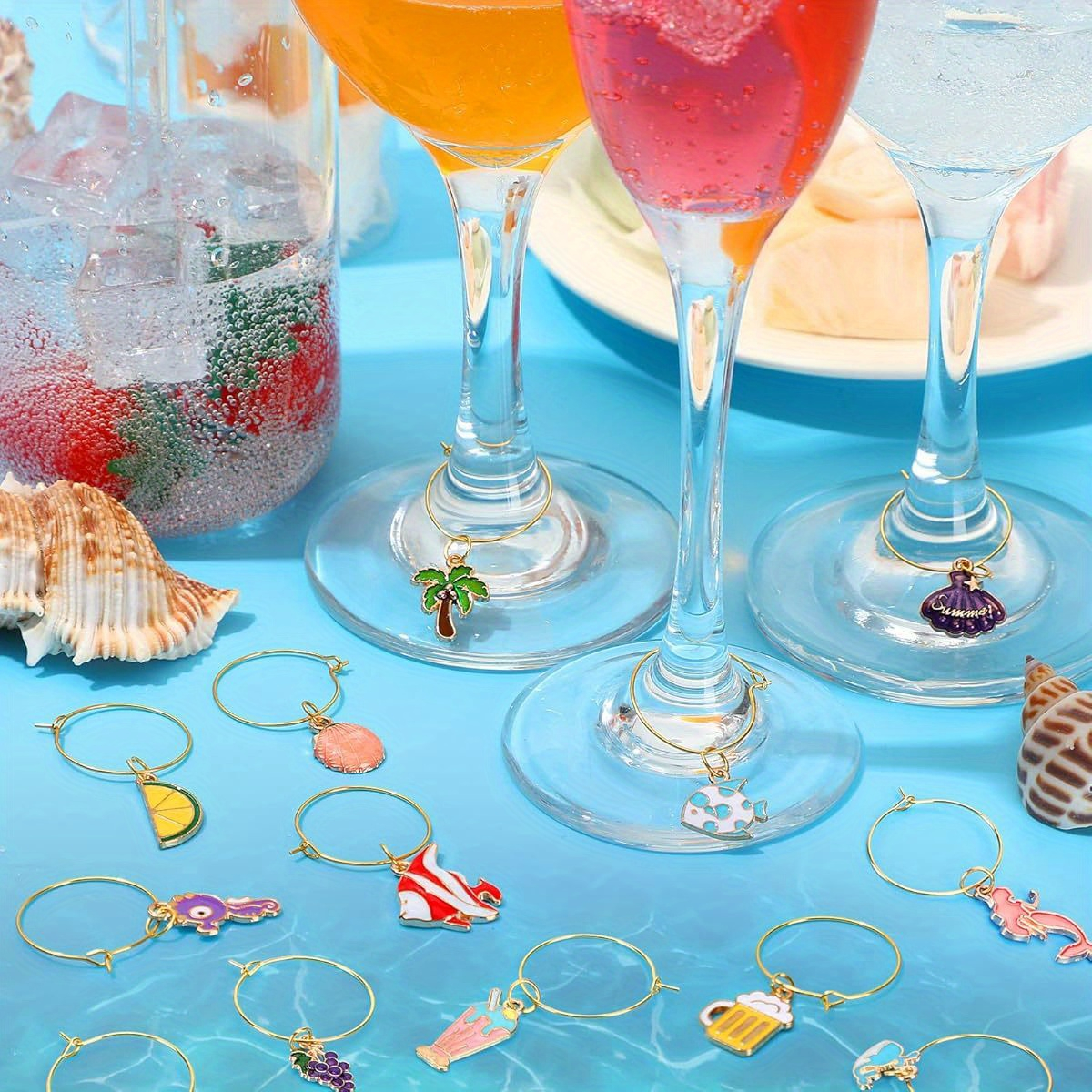 (20er Set) Glas Markierer Wiederverwendbare Trinkglas Strand Charms Markierungs Anhänger inkl. Aufbewahrungs Beutel - Bunt